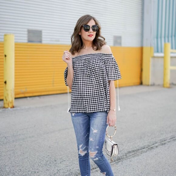 Ann Taylor Loft Black & White Gingham Plaid Ruched Off Shoulder Tassel Tie Top - Picture 1 of 8